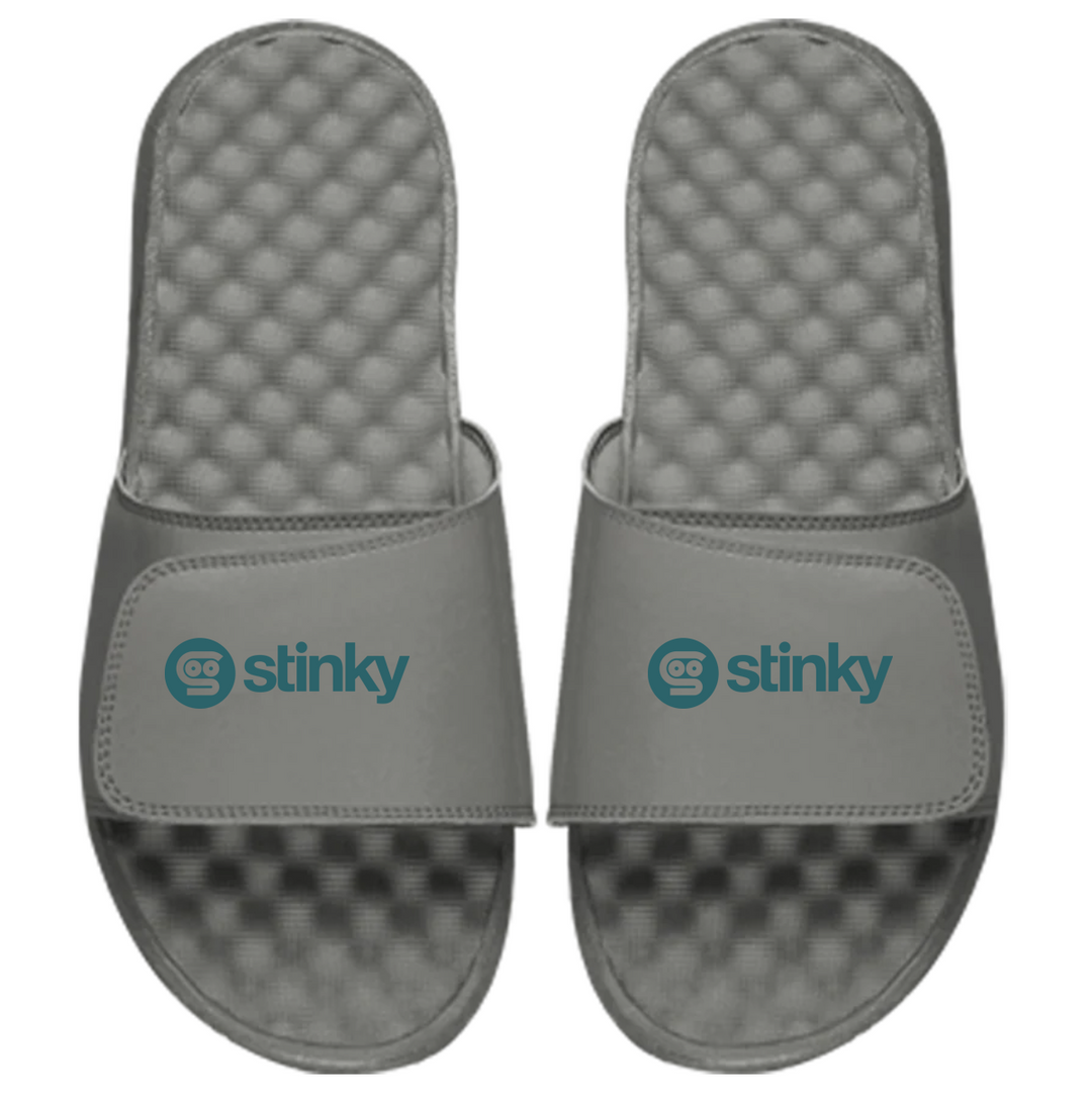 Set of black and gray slides with 'Stinky' and 'Slinkly' branding on a white background