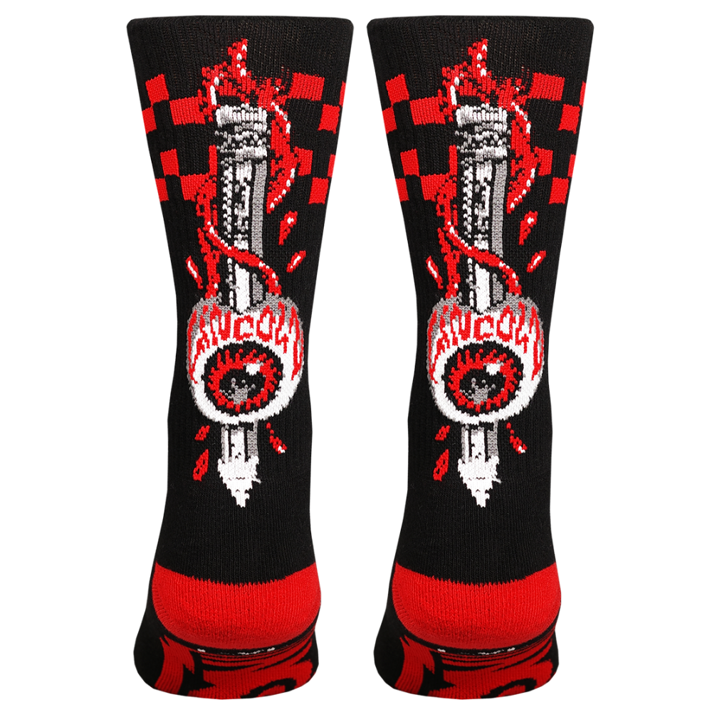 Black socks with red and white graphic design on a white background