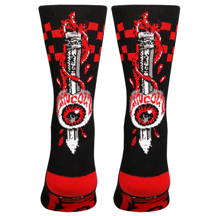 Black socks with red and white graphic design on a white background