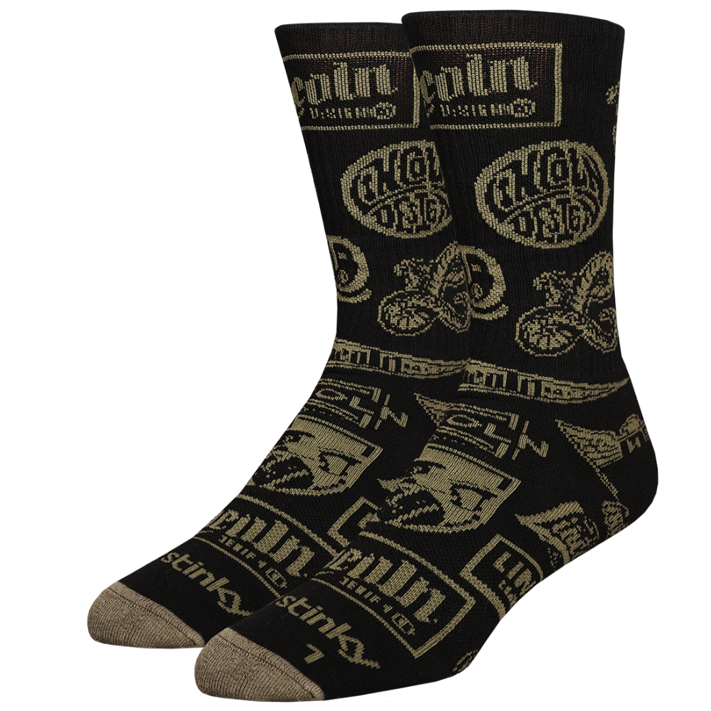 Black socks with brand logo and text on a white background