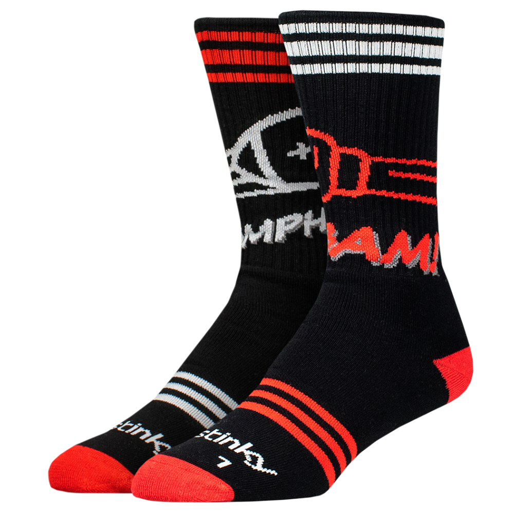 Two black socks with red and white accents on a white background. Netflix x Stinky Socks 