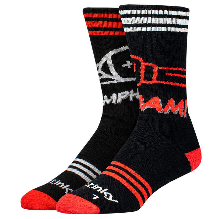 Two black socks with red and white accents on a white background. Netflix x Stinky Socks 