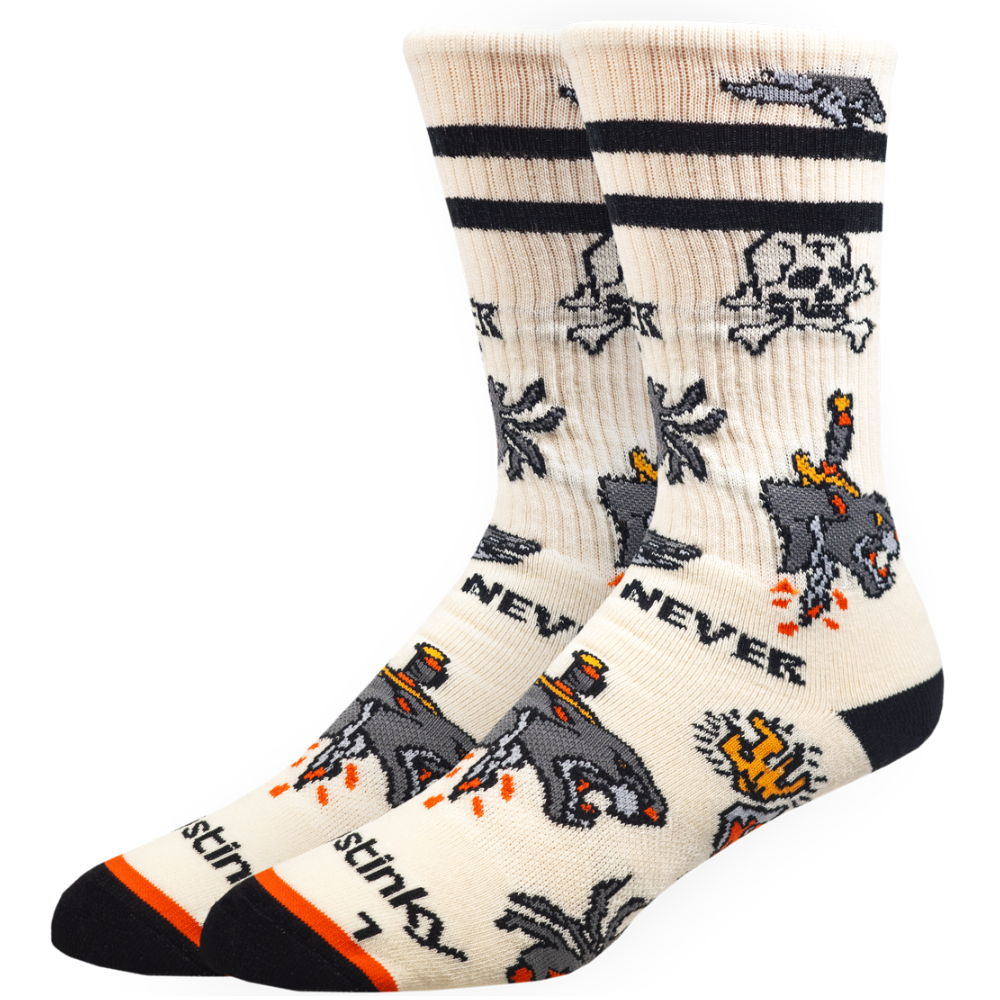 Beige sock with black and orange designs on a white background