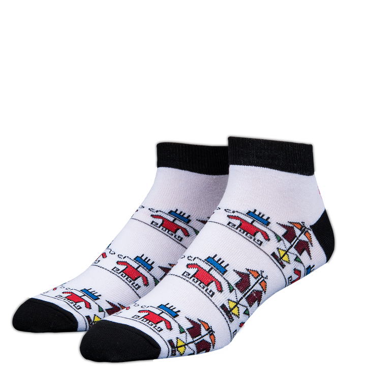 White socks with colorful horse pattern on a white background. Traditional Bulgarian 