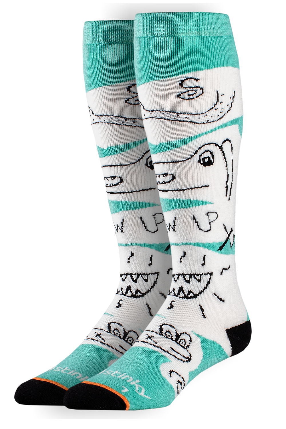 Pair of socks with shark design and teal accents on a white background