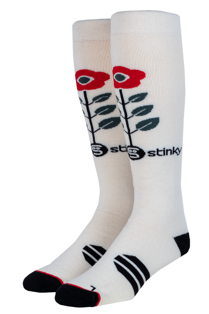 White socks with red and black floral design and 'Stinky' branding on a white background
