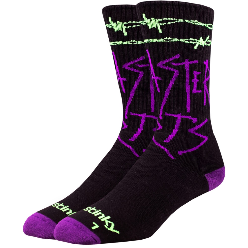 Black socks with purple and green designs on a white background