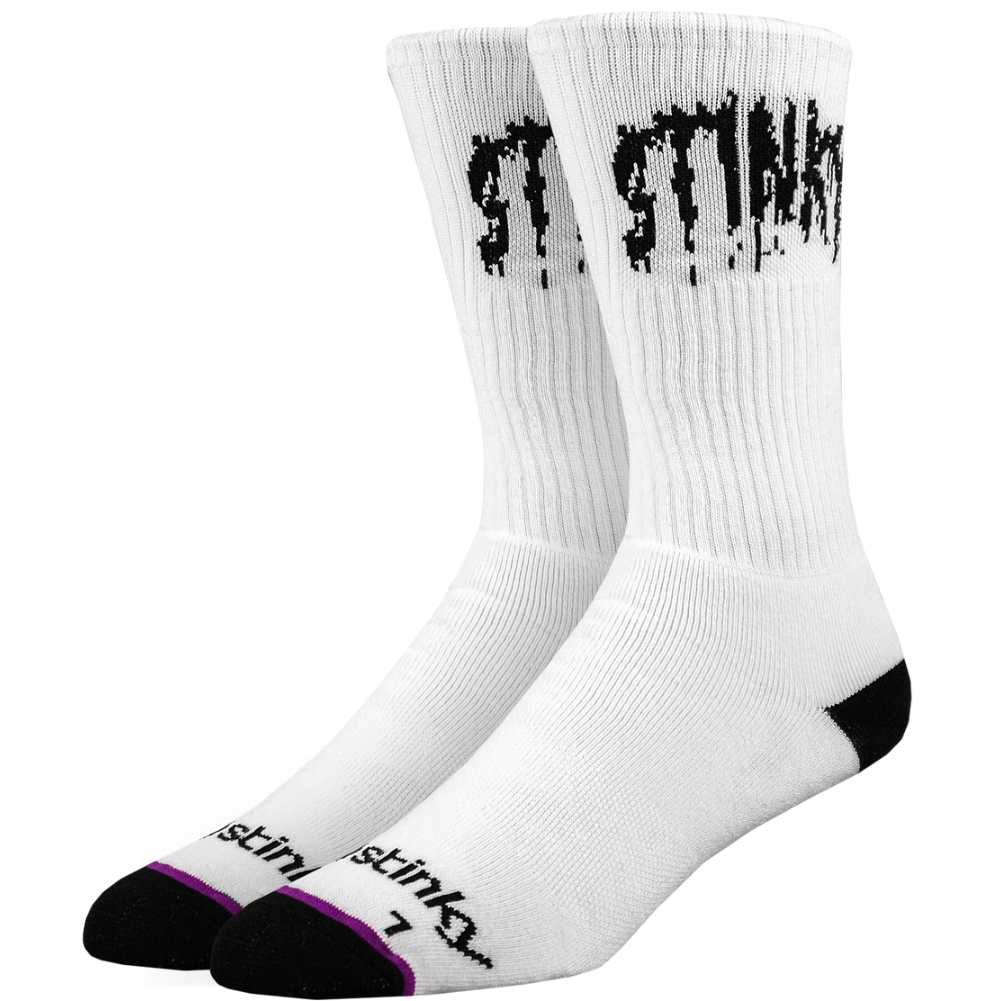 White socks with black text and accents on a white background