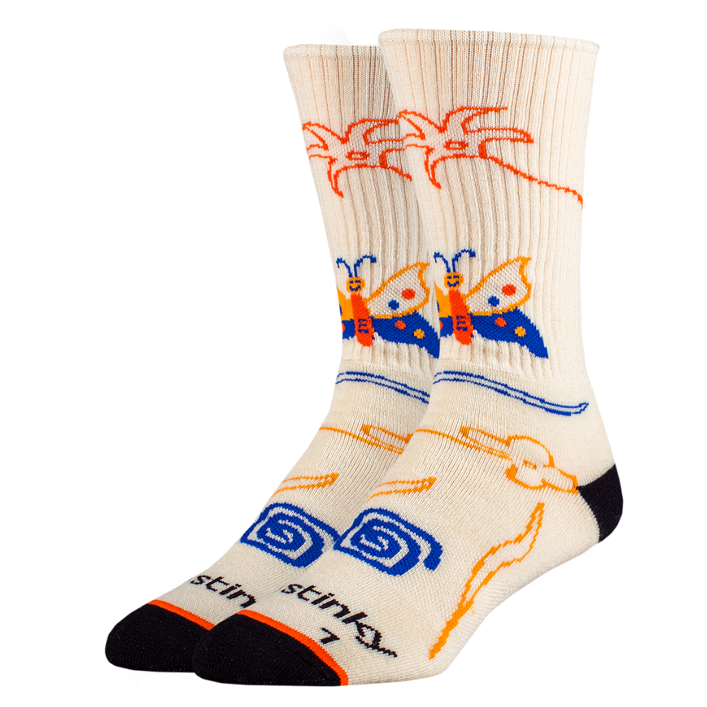 Pair of socks with butterfly design on a white background