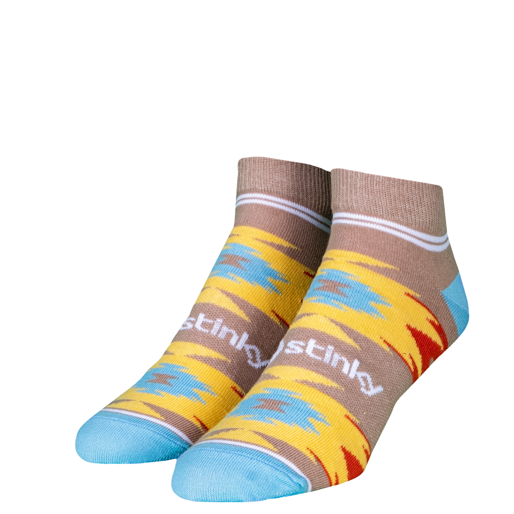 Colorful socks with a brand logo on a white background