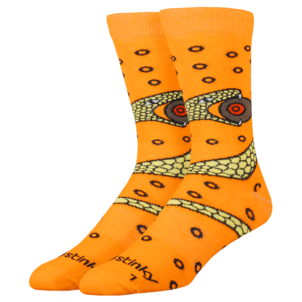 Orange socks with snake pattern and 'stink' branding on a white background