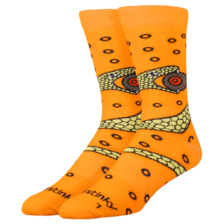 Orange socks with snake pattern and 'stink' branding on a white background