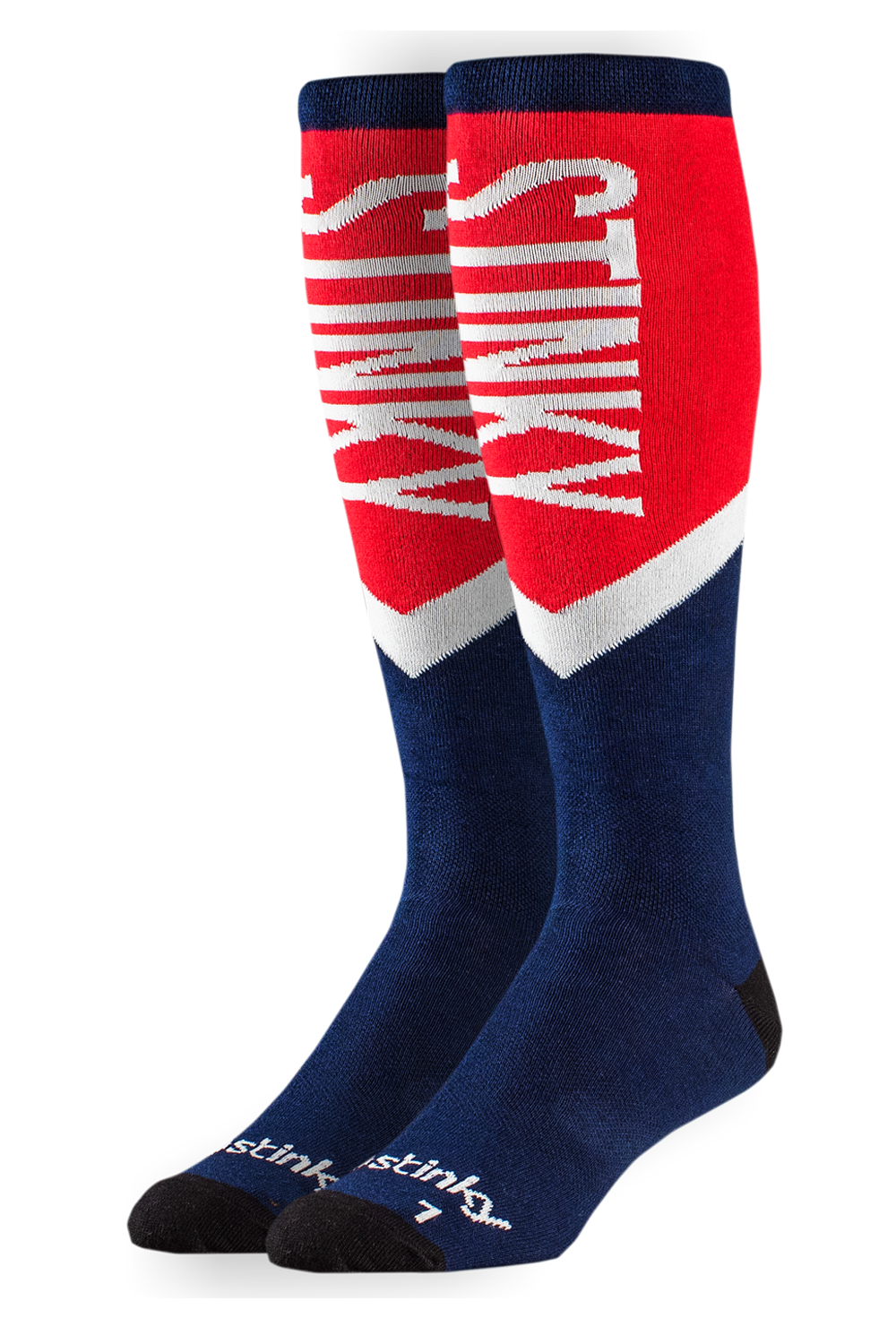 Two pairs of red, white, and blue socks with 'Stink' branding on a white background.