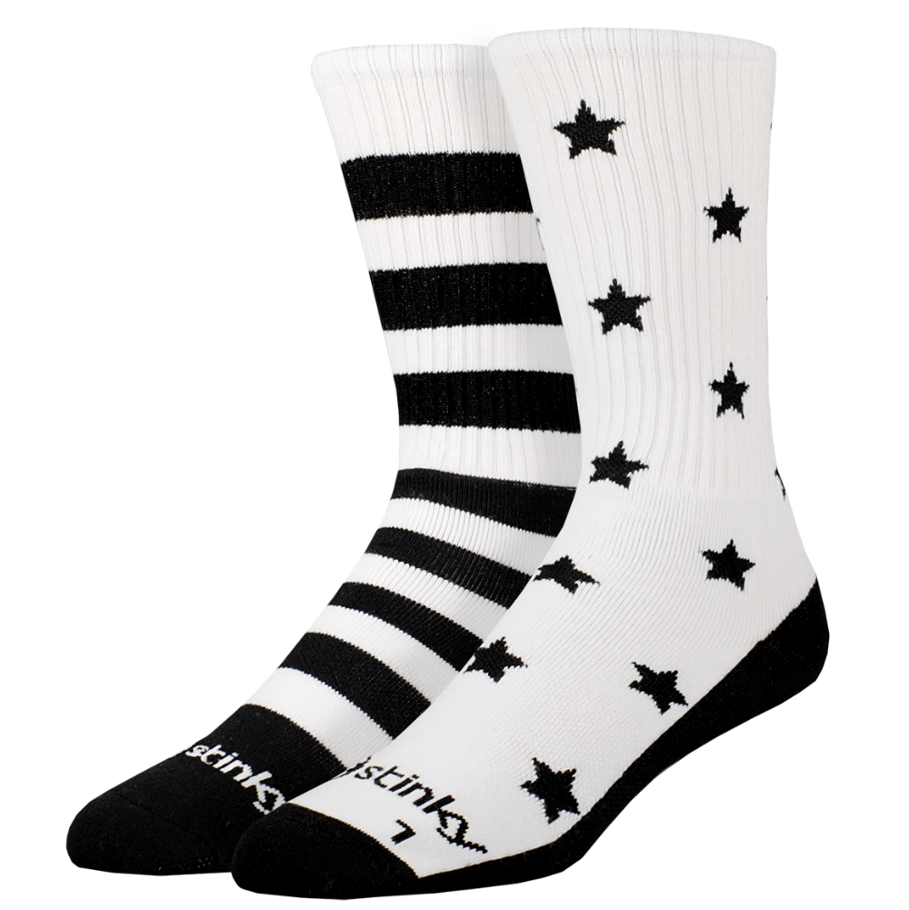 White socks with black stripes and stars on a white background