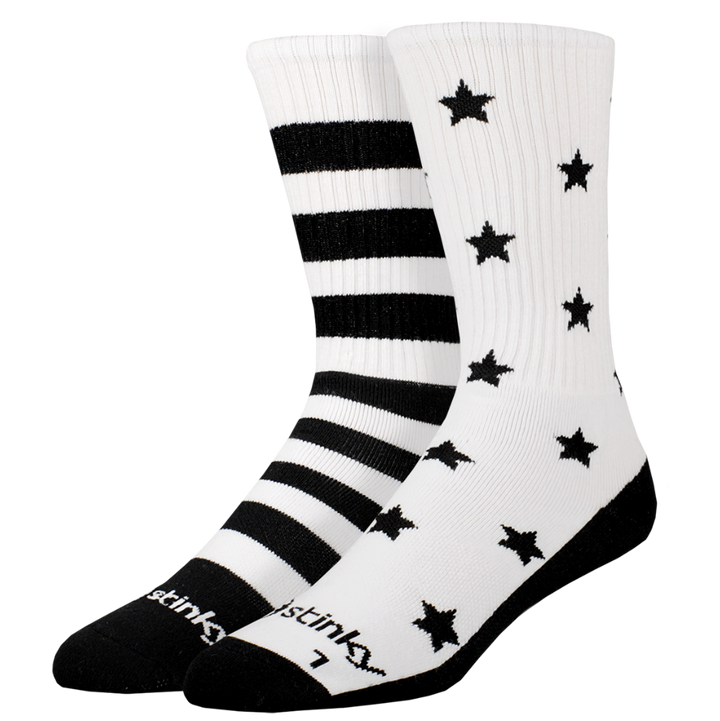 White socks with black stripes and stars on a white background