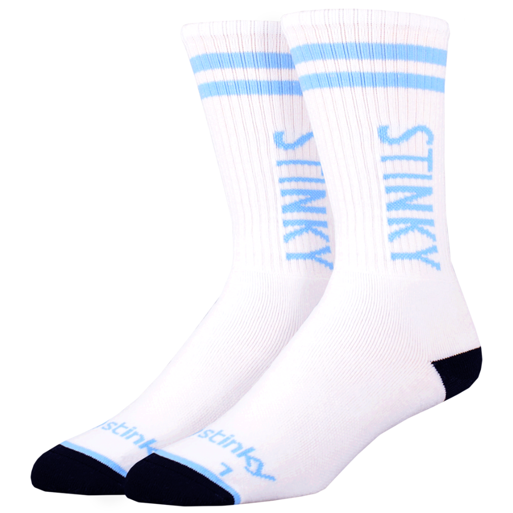 White socks with blue stripes and 'Stinky' branding on a white background