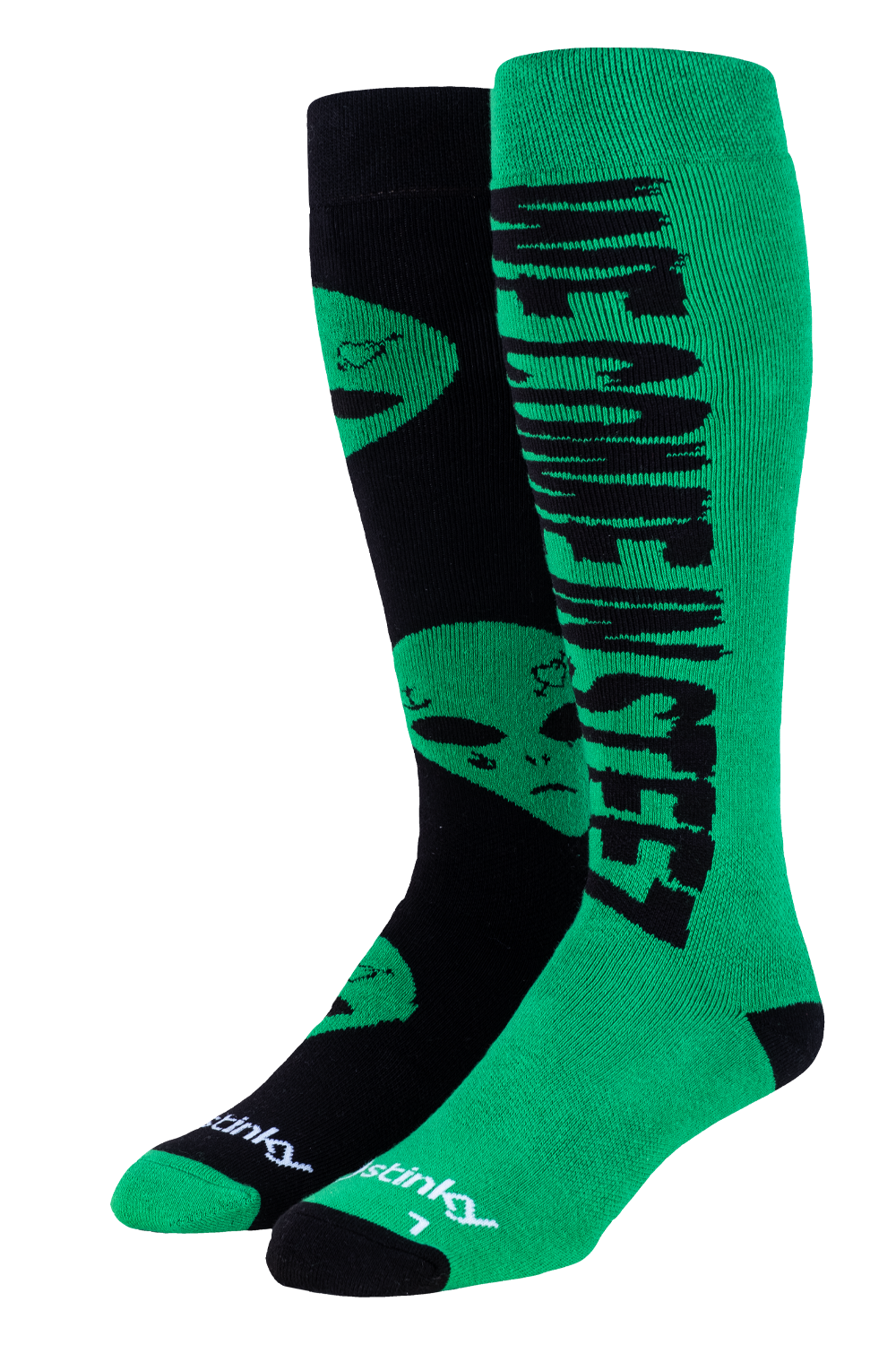 Green and black socks with alien design and text on a white background