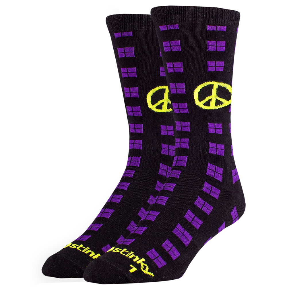 Black socks with purple square pattern and yellow peace signs on a white background