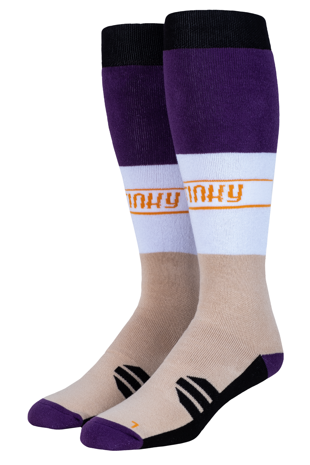 Two pairs of socks with purple, white, and beige color scheme on a white background