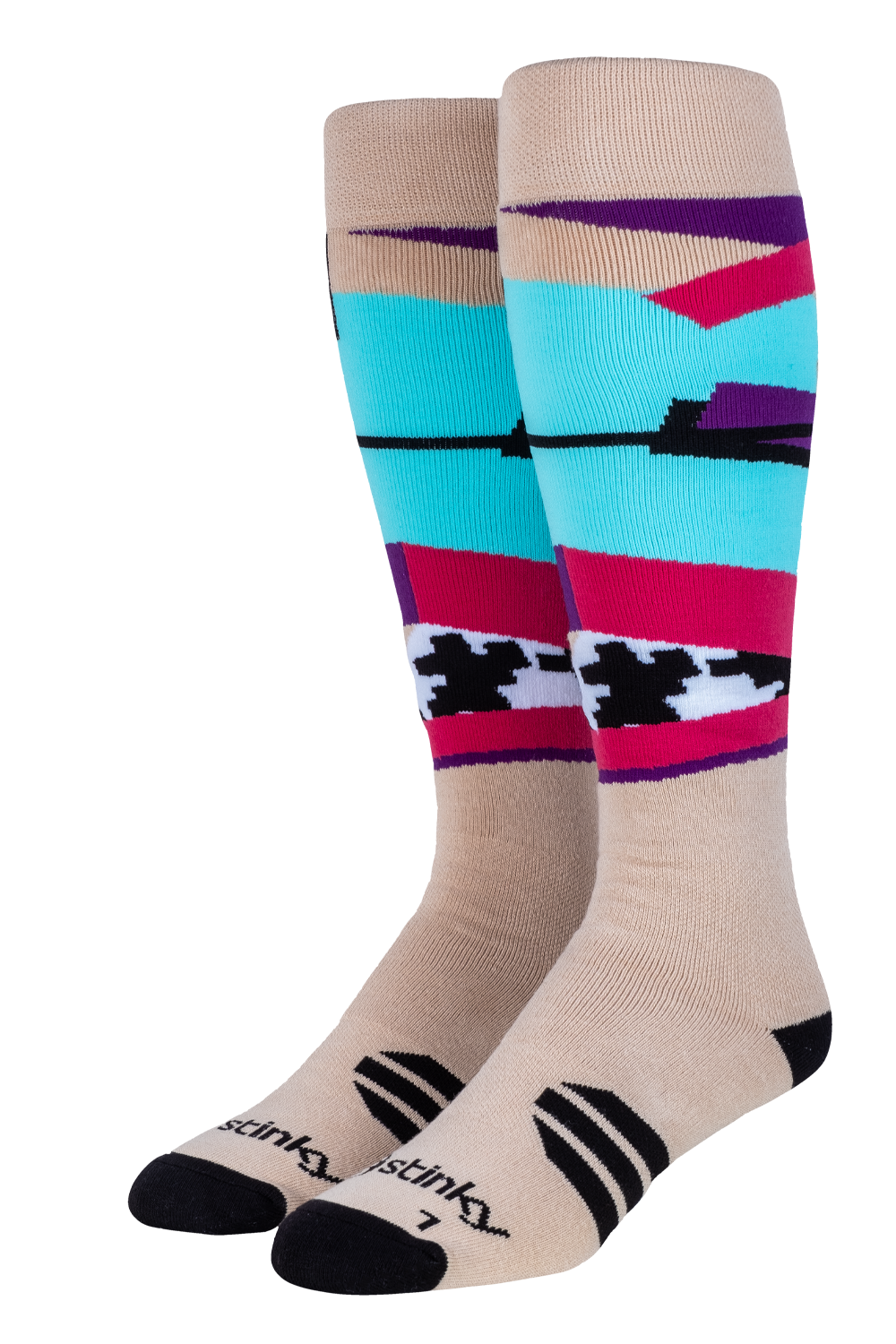 Colorful patterned socks with brand name on a white background