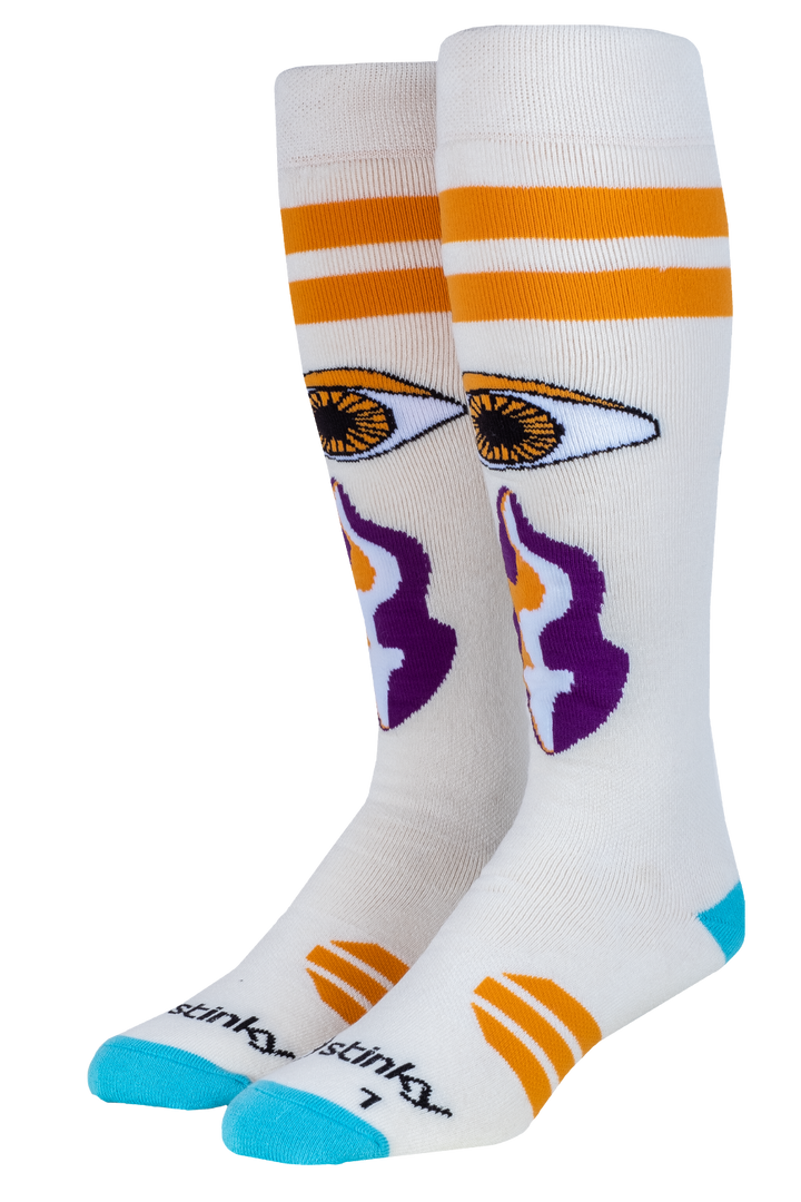White socks with orange, purple, and blue accents on a white background