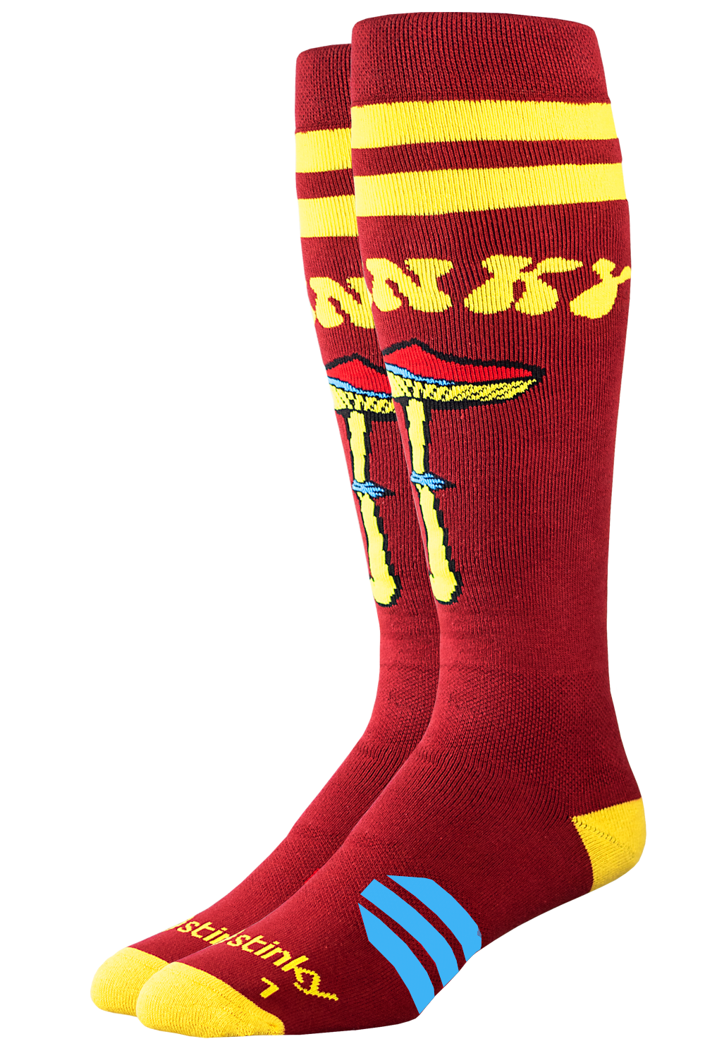 Red socks with yellow and blue accents featuring a cartoonish design on a white background