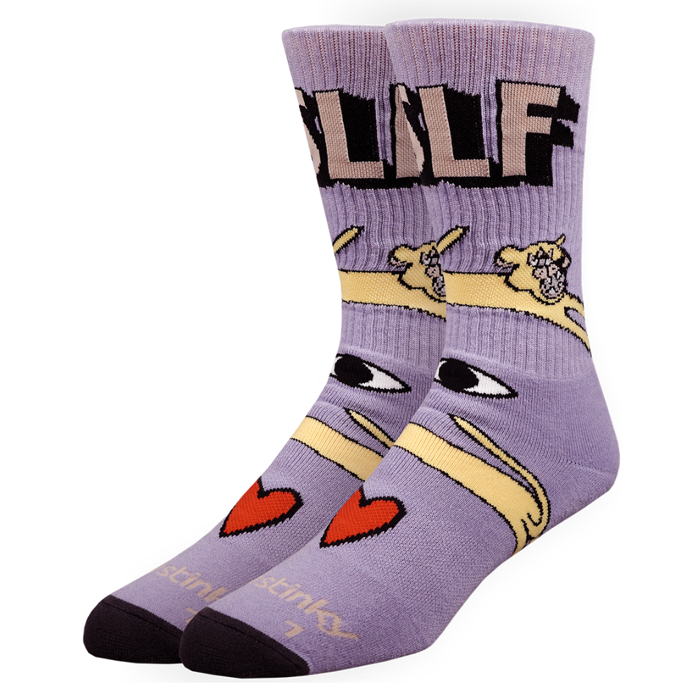 Purple socks with cartoon design and text on a white background