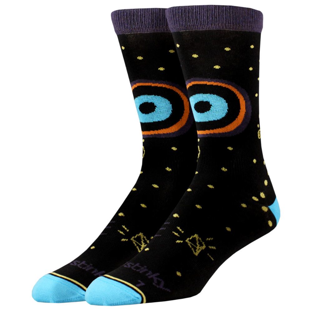 Black socks with colorful designs on a white background