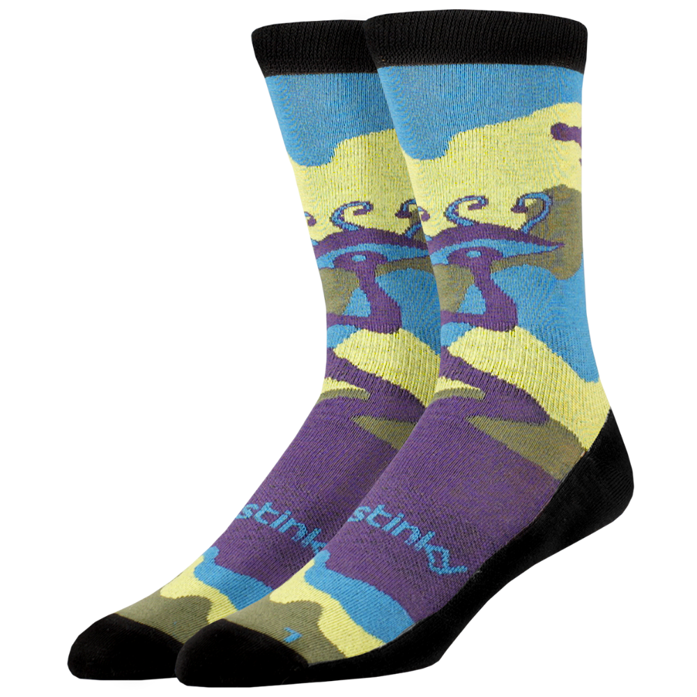 Colorful socks with abstract design and 'Stinky' branding on a white background