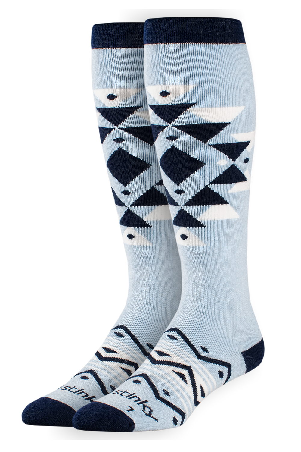 Pair of light blue knee-high socks with geometric pattern on a white background