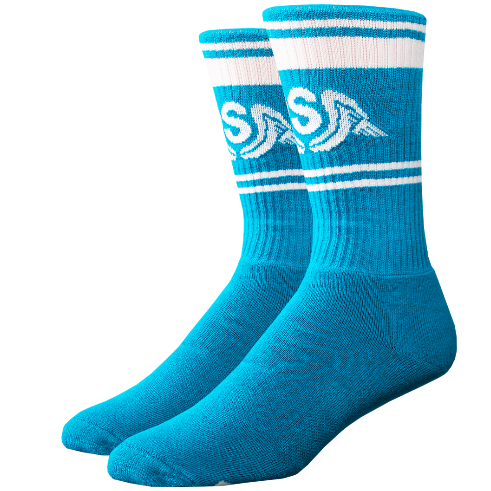 Pair of blue socks with white stripes and logo on a white background