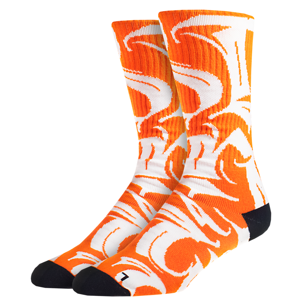 Orange and white socks with black toes on a white background