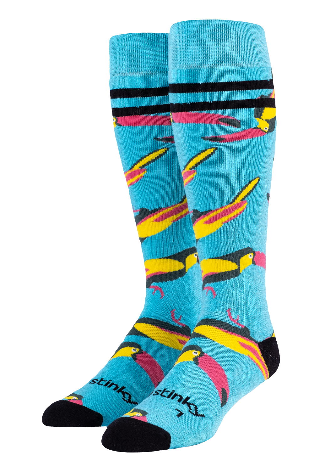 Colorful socks with toucan design on a white background