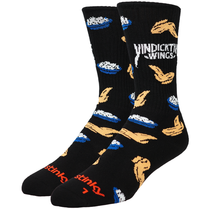Black socks with winged food illustrations on a white background
