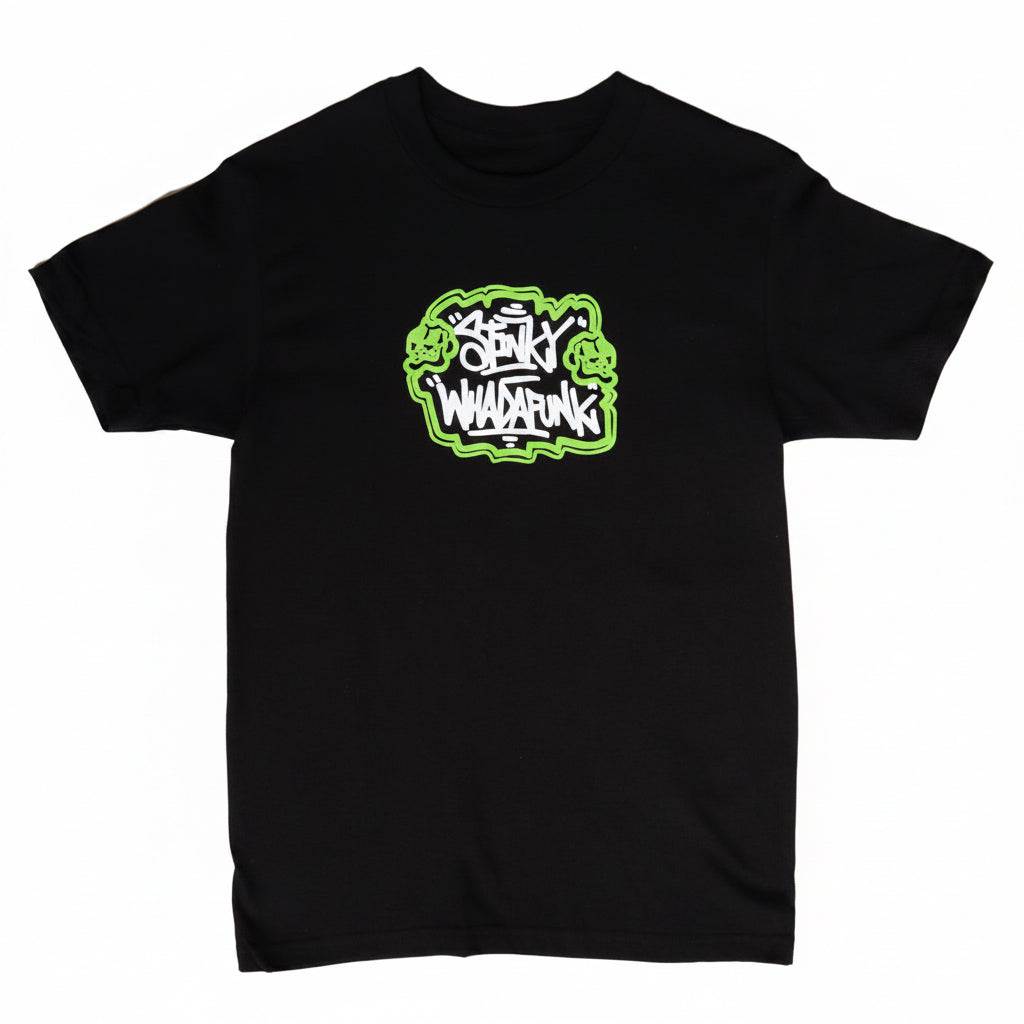 Black t-shirt with green and white graphic design on a light gray background