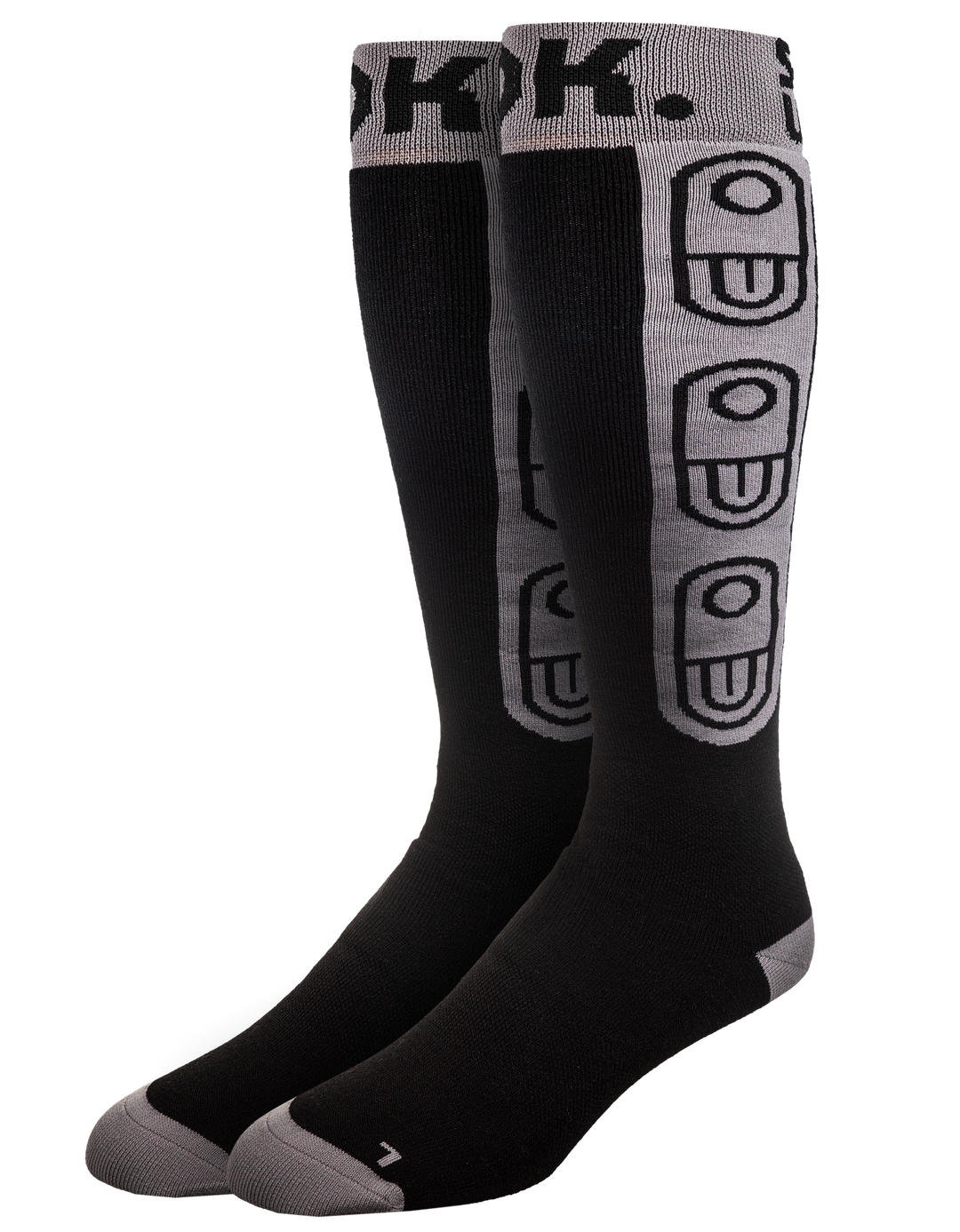 A pair of black and gray knee-high athletic socks with a repeating geometric logo pattern on the sides and a gray cuff.