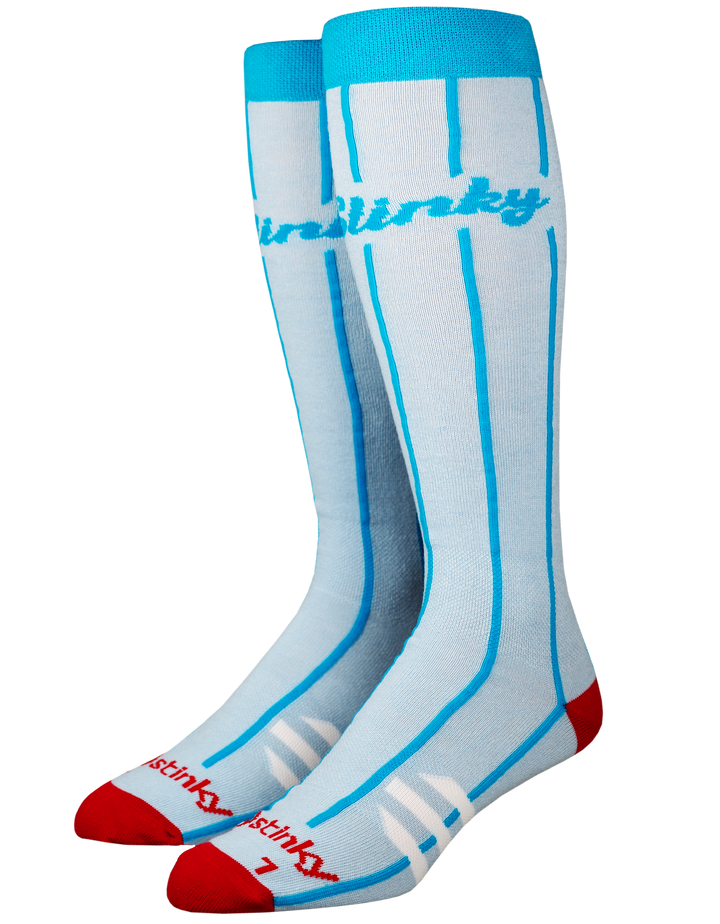 A pair of crew socks with a white base, bright blue vertical stripes, a blue cuff, and red toes, featuring the brand name 'stinky' printed on the side.