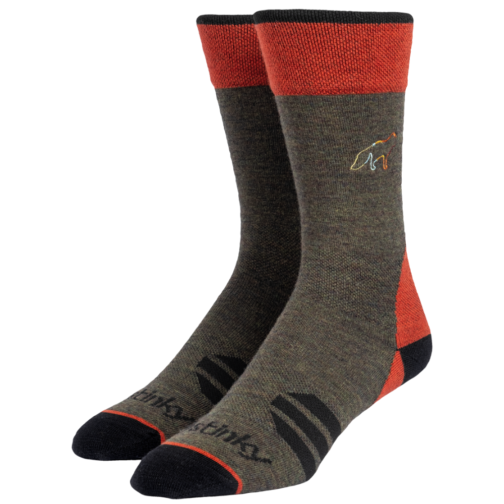 Pair of gray and red socks with a logo on a white background