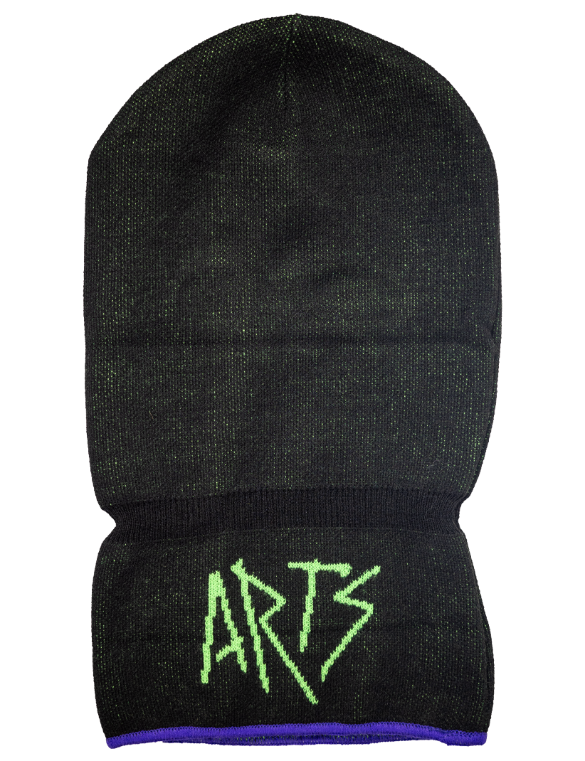 Black beanie with green 'ARTS' logo on a white background
