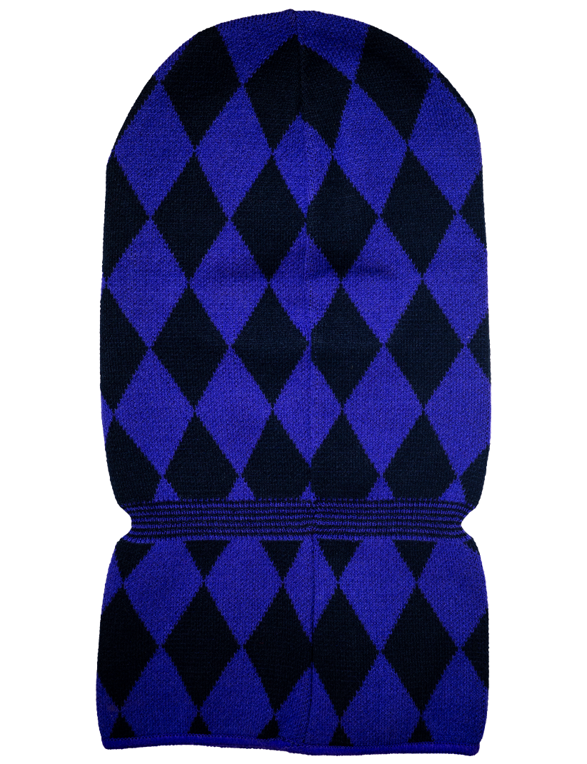 Blue and black diamond patterned oven mitt on a white background