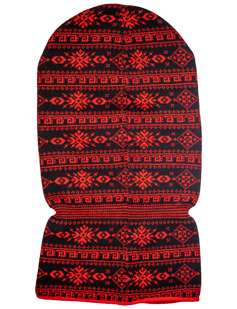 Red and black patterned balaclava on a white background