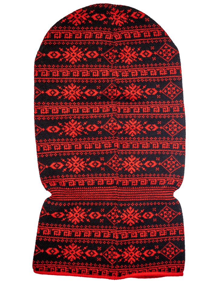 Red and black patterned balaclava on a white background