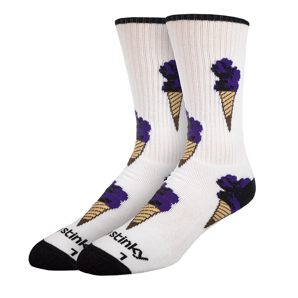 White socks with ice cream cone design on a white background