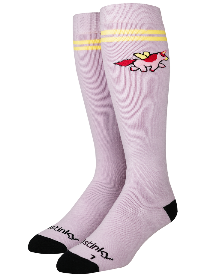 A pair of light purple knee-high socks with yellow stripes near the top, a small red and yellow winged figure graphic on the side, and black toes and heels. The brand name 'istinky' is printed near the heel.
