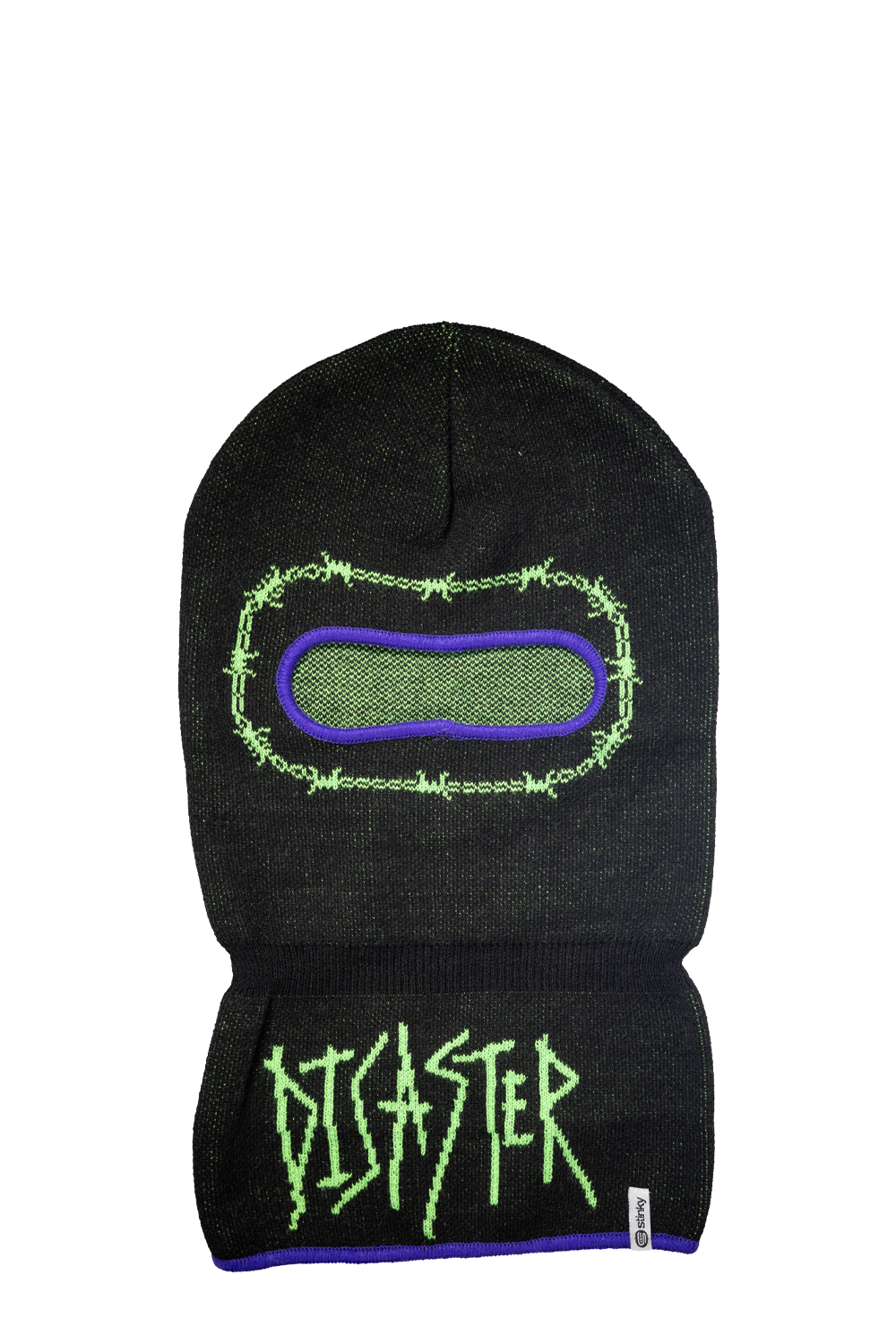 Black ski mask with green and purple design and 'Disaster' text on a white background