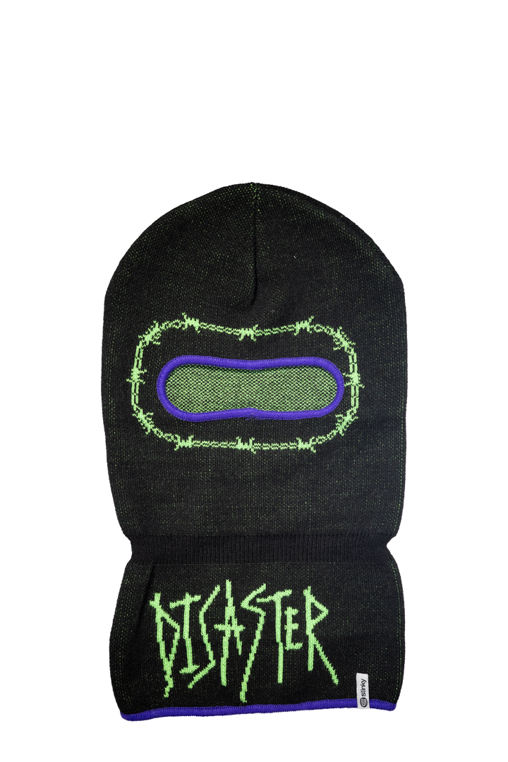 Black ski mask with green and purple design and 'Disaster' text on a white background