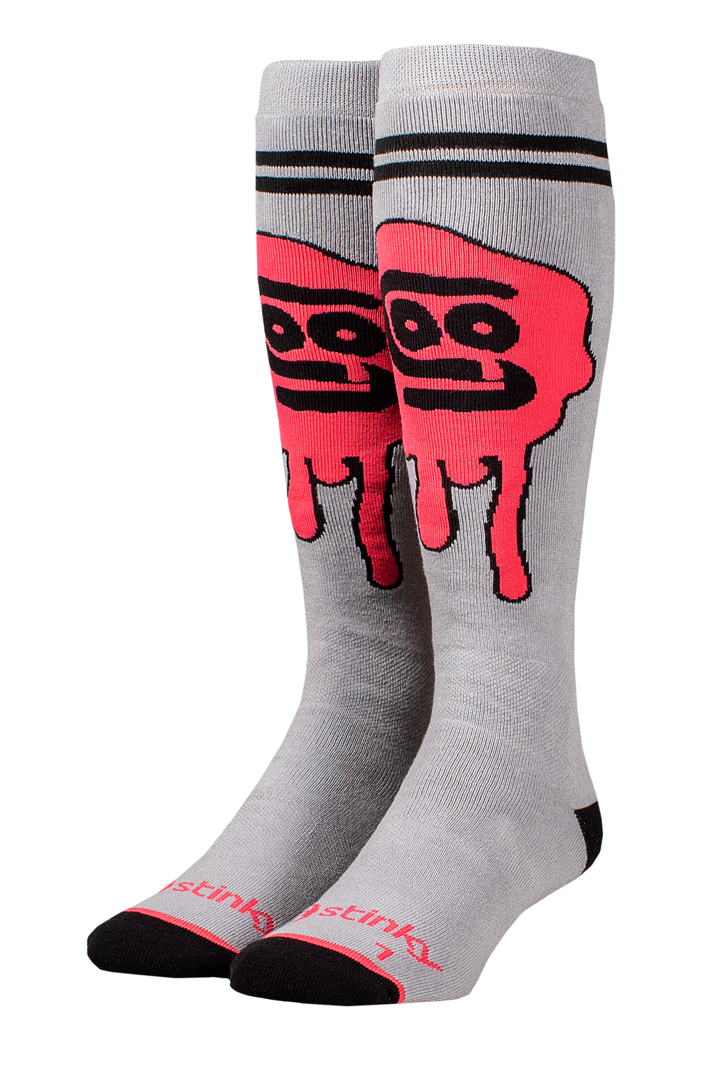 Gray socks with red and black graphic design on a white background
