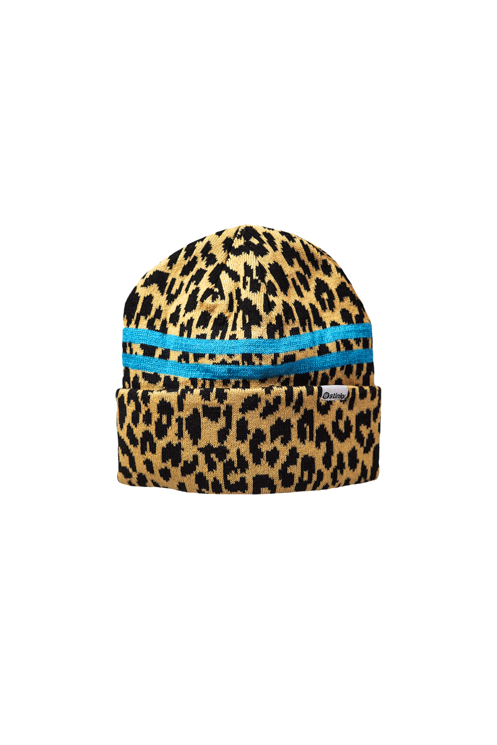 Leopard print beanie with blue band on a white background