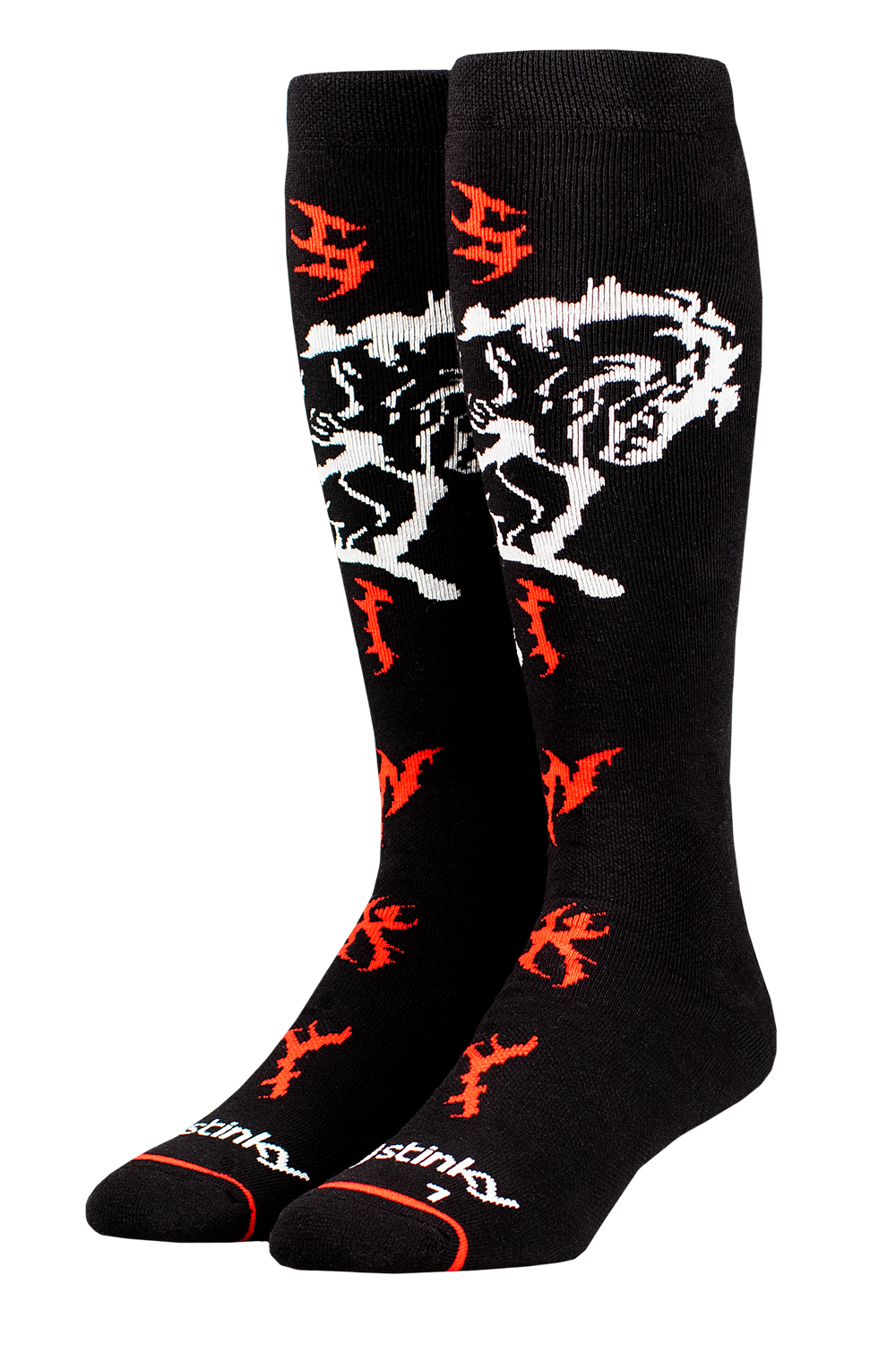 Black knee-high socks with red and white designs on a white background