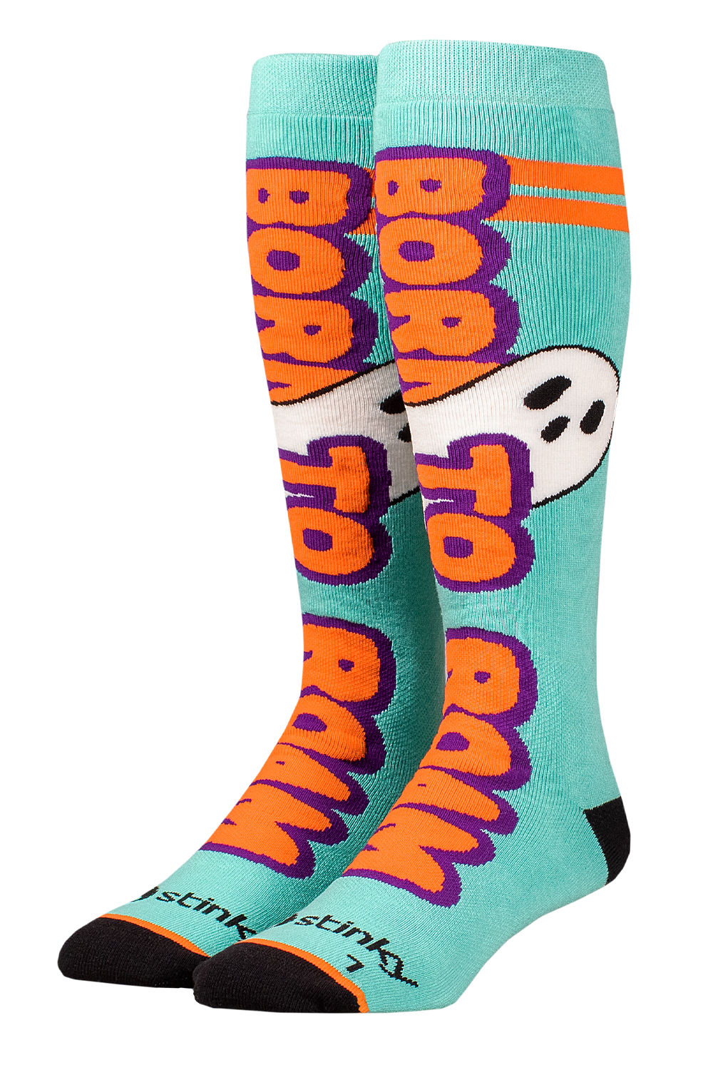Teal socks with orange and purple text and a ghost design on a white background